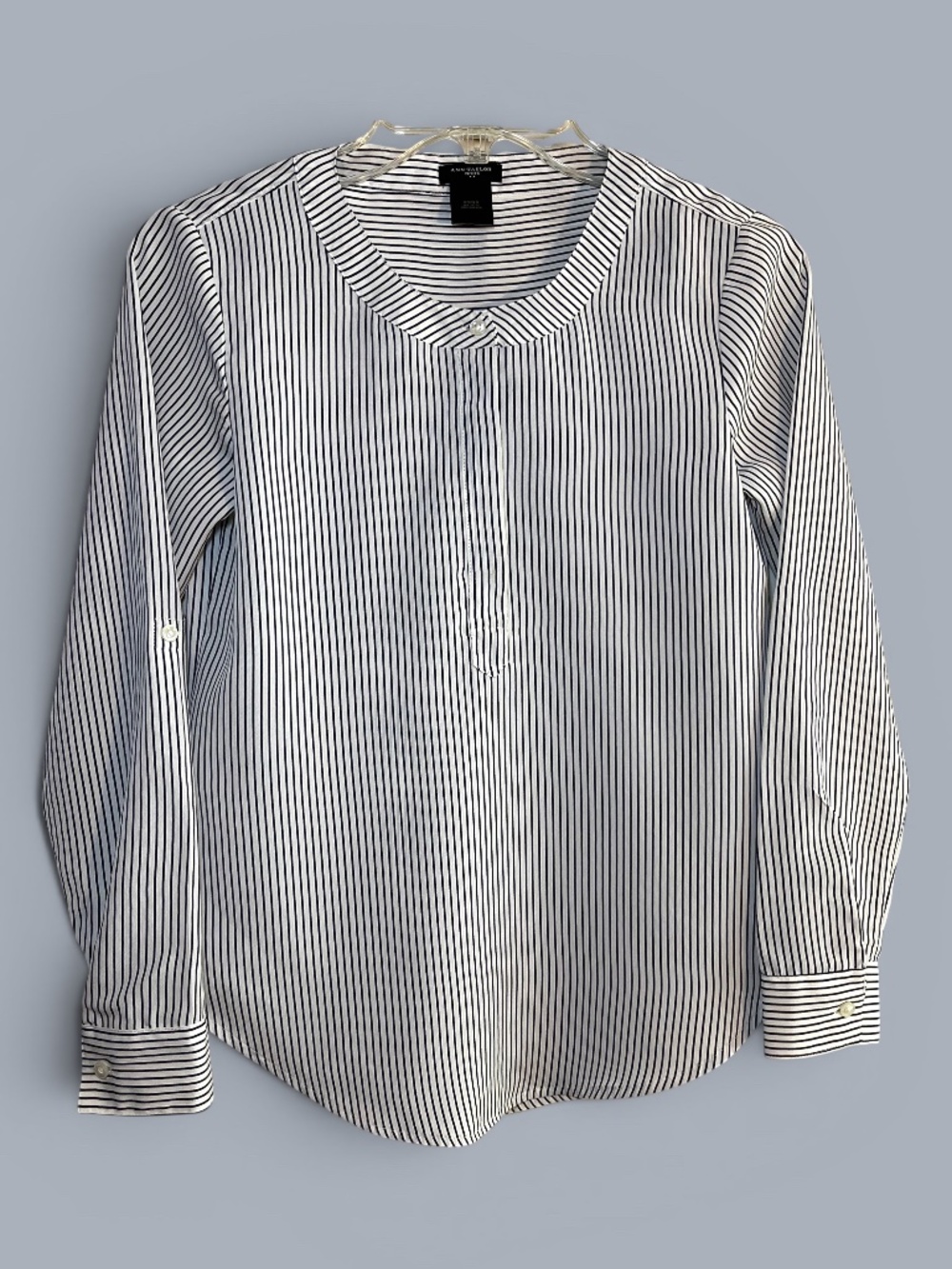 Ann Taylor Factory Band Collar Popover Black and White Striped Blouse Size XXSP